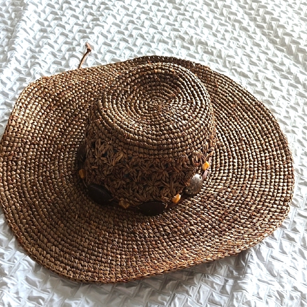 Brown Woven Straw Sun Hat with Decorative Band - Women Accessories